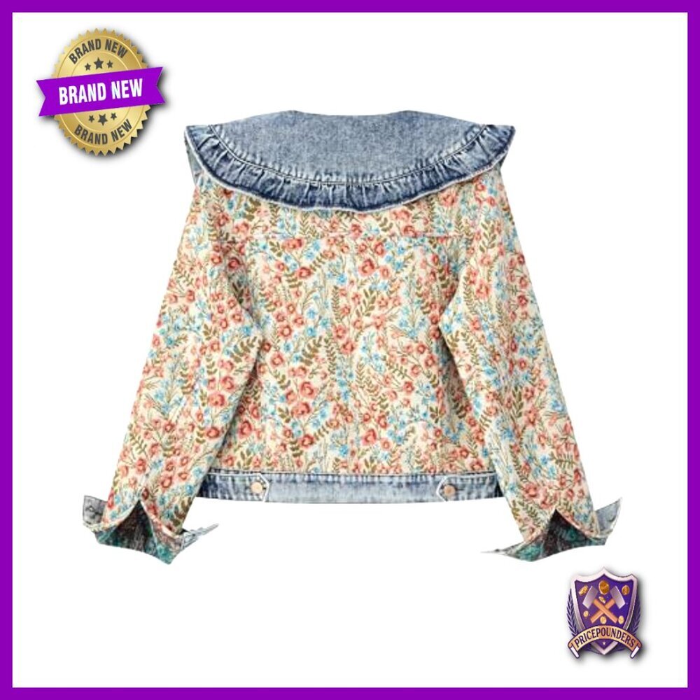 Cropped Denim Jacket Floral Embroidery Peter Pan Collar Y2K Chic Casual - Picture 2 of 7